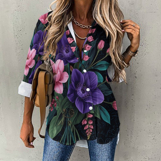 🌸 Camisa de Bajo Asimétrico B648 – “Flores Psicodélicas Futuristas” (Impresión Completa)