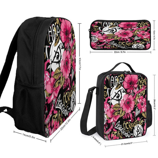 Set 3 en 1 AriasCreative Flores Rosas (Mochila + Bolsa de Almuerzo + Estuche)