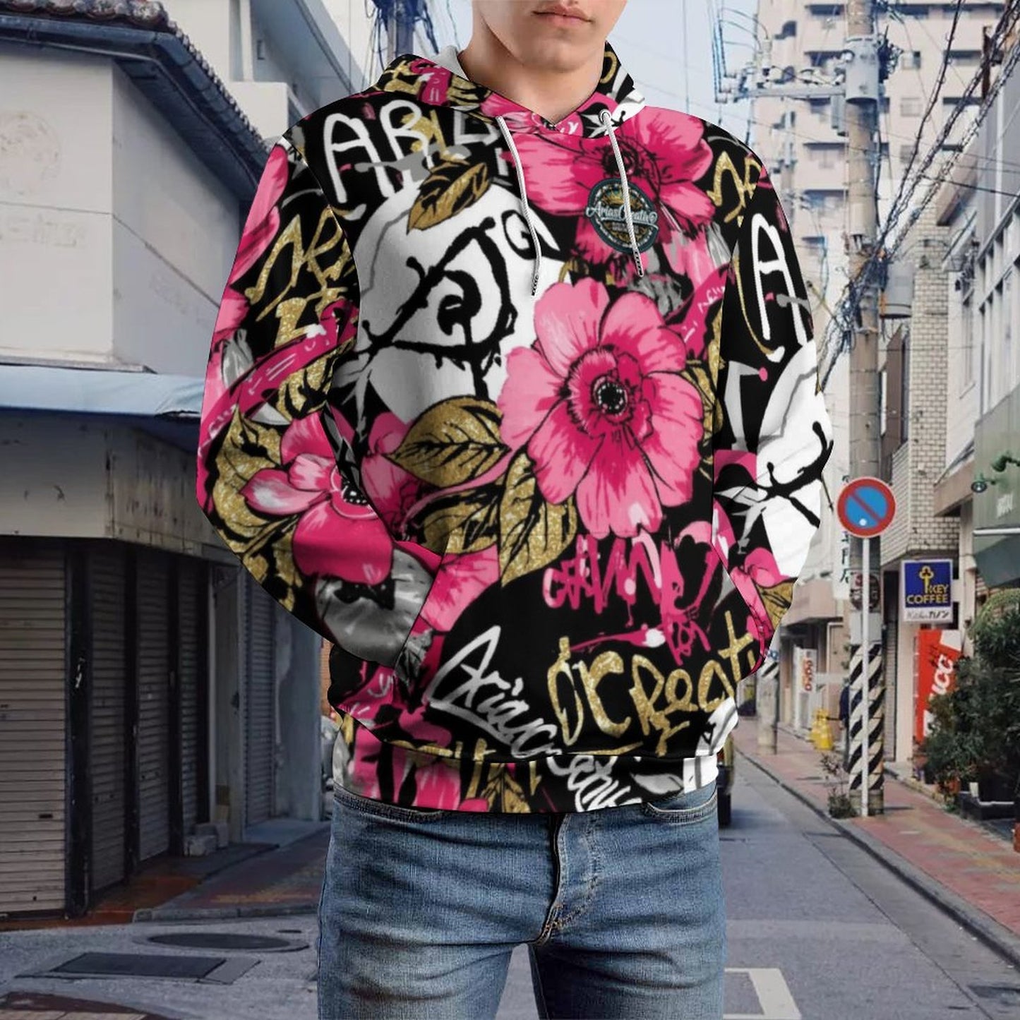 Sudadera con Estampado de rosas y flores con el logotipo de AriasCreative en el frente.