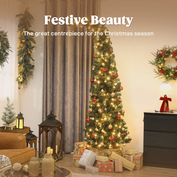 Árbol de Navidad Verde con Luz LED Blanca Cálida 1,80 m | Diseño Delgado con Gorro de Papá Noel