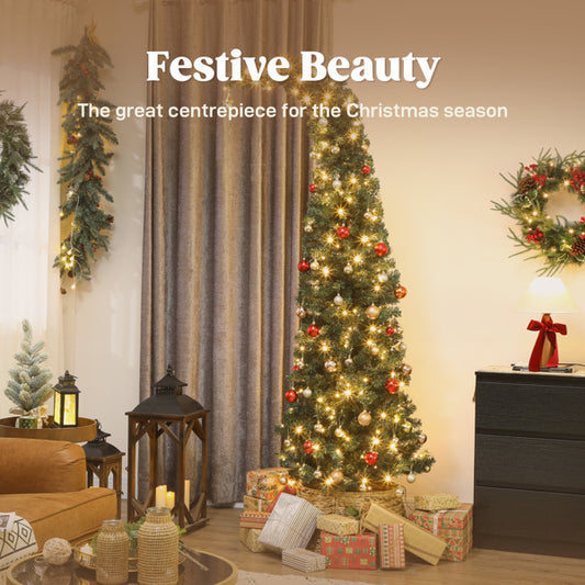 Árbol de Navidad Verde con Luz LED Blanca Cálida 1,80 m | Diseño Delgado con Gorro de Papá Noel