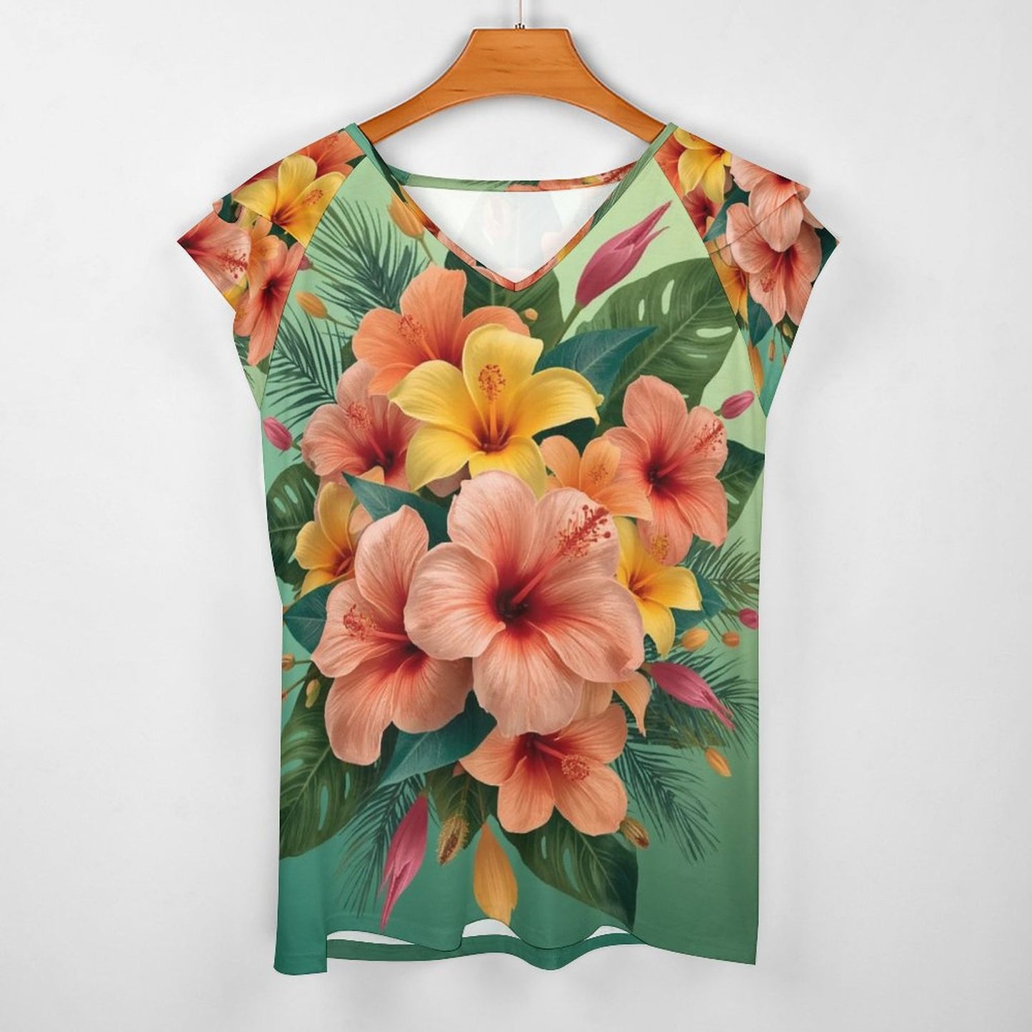 🌺 Camiseta con Volantes y Escote en V UPF50+ – “Explosión Tropical” (Impresión Completa)