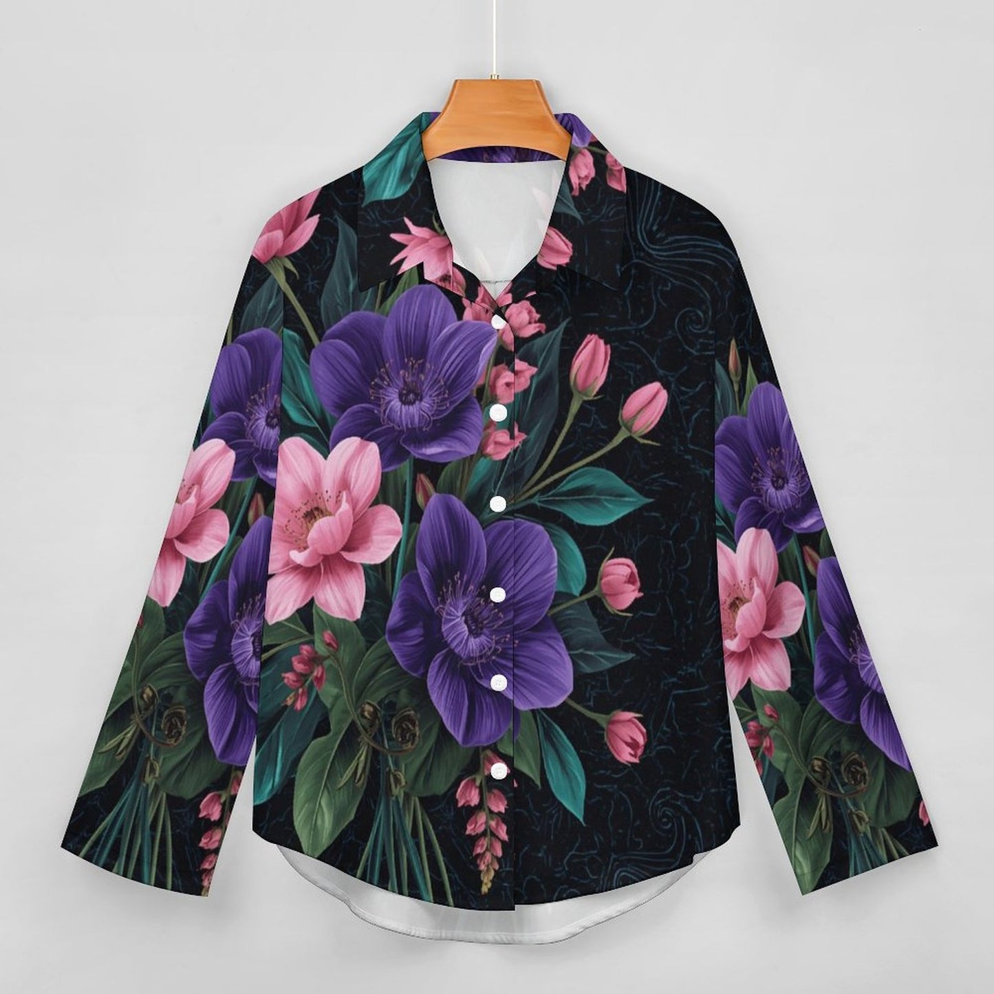 🌸 Camisa de Bajo Asimétrico B648 – “Flores Psicodélicas Futuristas” (Impresión Completa)