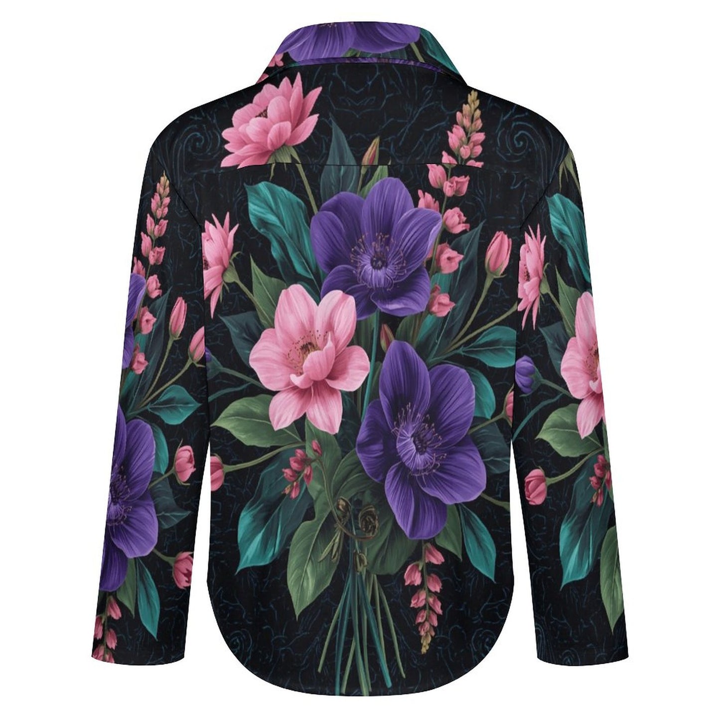 🌸 Camisa de Bajo Asimétrico B648 – “Flores Psicodélicas Futuristas” (Impresión Completa)