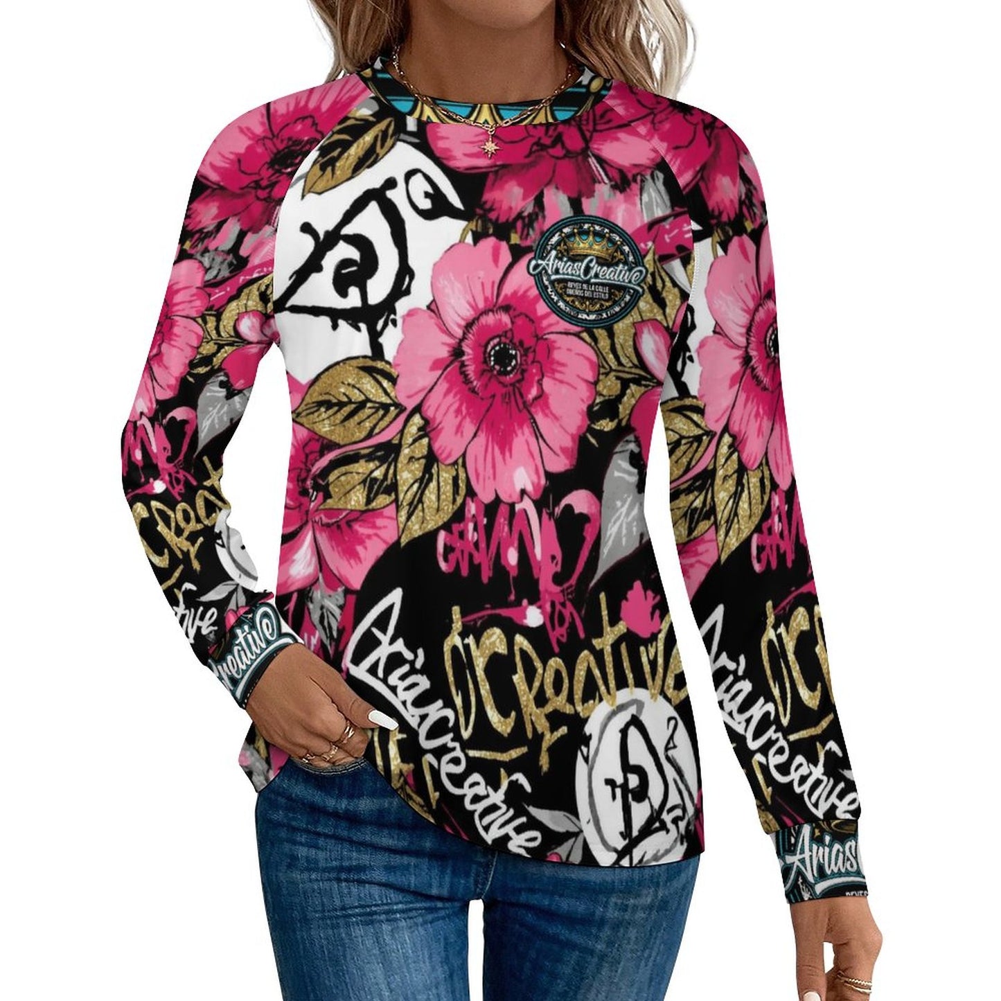 Camiseta de Manga Larga Rápido Secado para Mujer “AriasCreative Flores” (Estampado Completo – 180gsm)