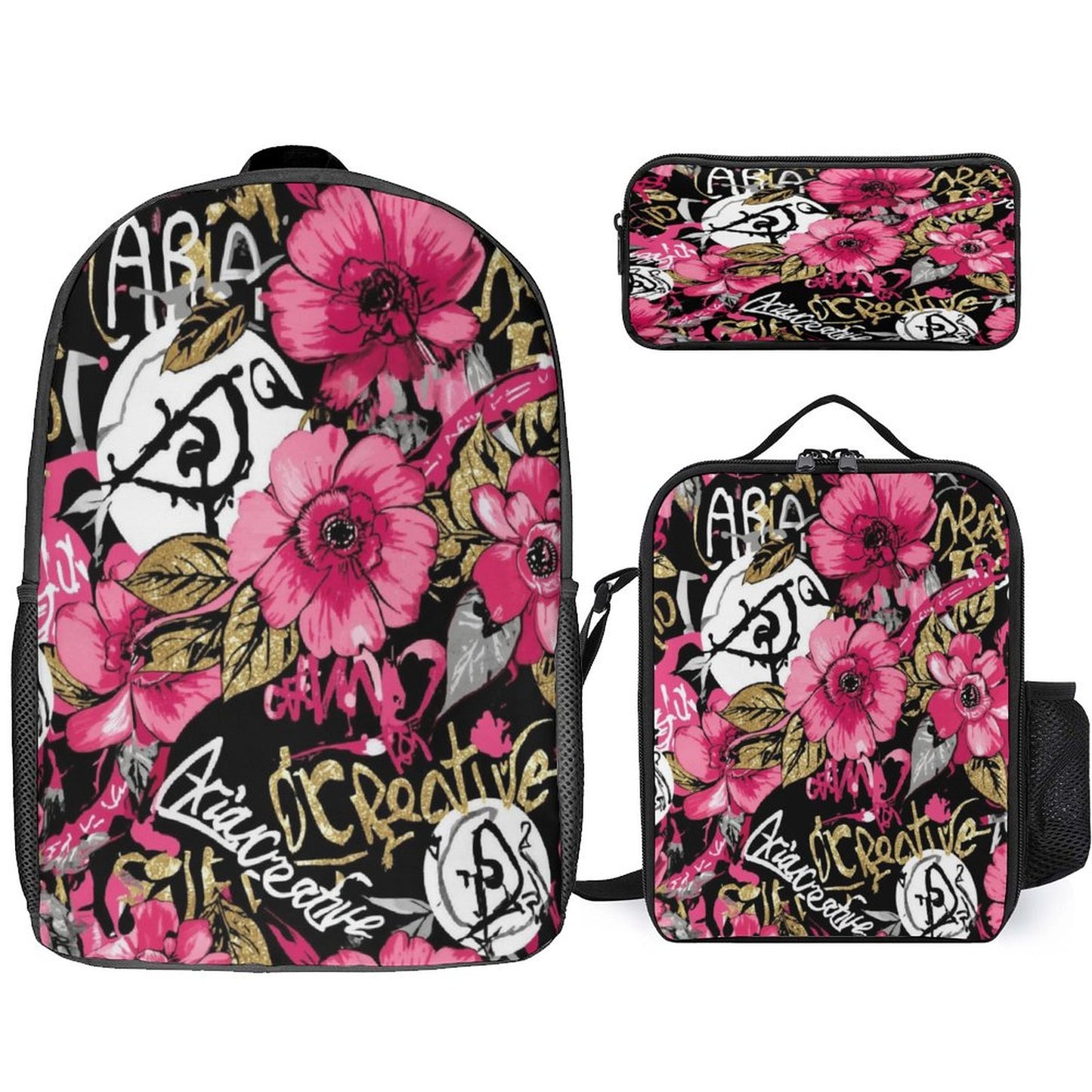 Set 3 en 1 AriasCreative Flores Rosas (Mochila + Bolsa de Almuerzo + Estuche)