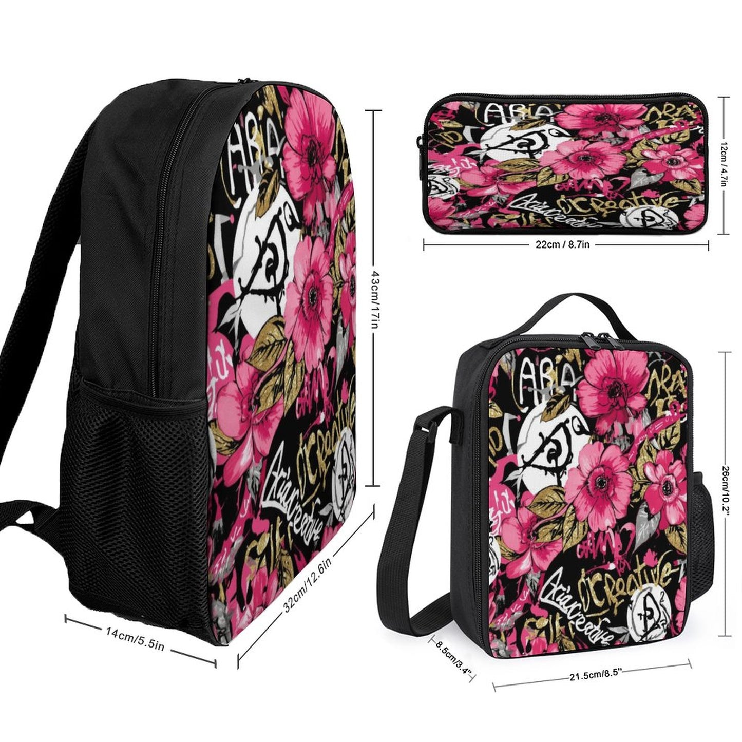 Set 3 en 1 AriasCreative Flores Rosas (Mochila + Bolsa de Almuerzo + Estuche)