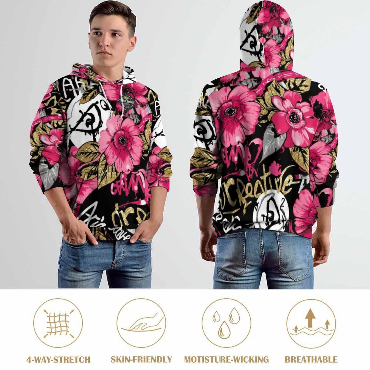 Sudadera con Estampado de rosas y flores con el logotipo de AriasCreative en el frente.