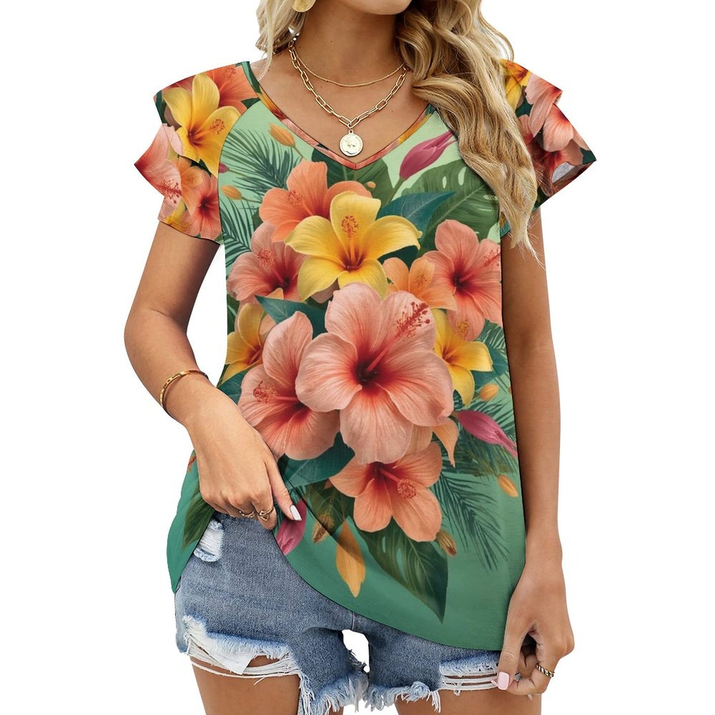 🌺 Camiseta con Volantes y Escote en V UPF50+ – “Explosión Tropical” (Impresión Completa)