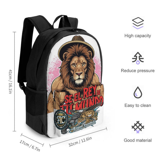 Mochila “Soy el Rey de tu Mundo” AriasCreative – León con Sombrero y 4 Animales de Poder (Estampado Completo) No sigas la moda, créala. Eres el rey de tu mundo – AriasCreative Streetwear.