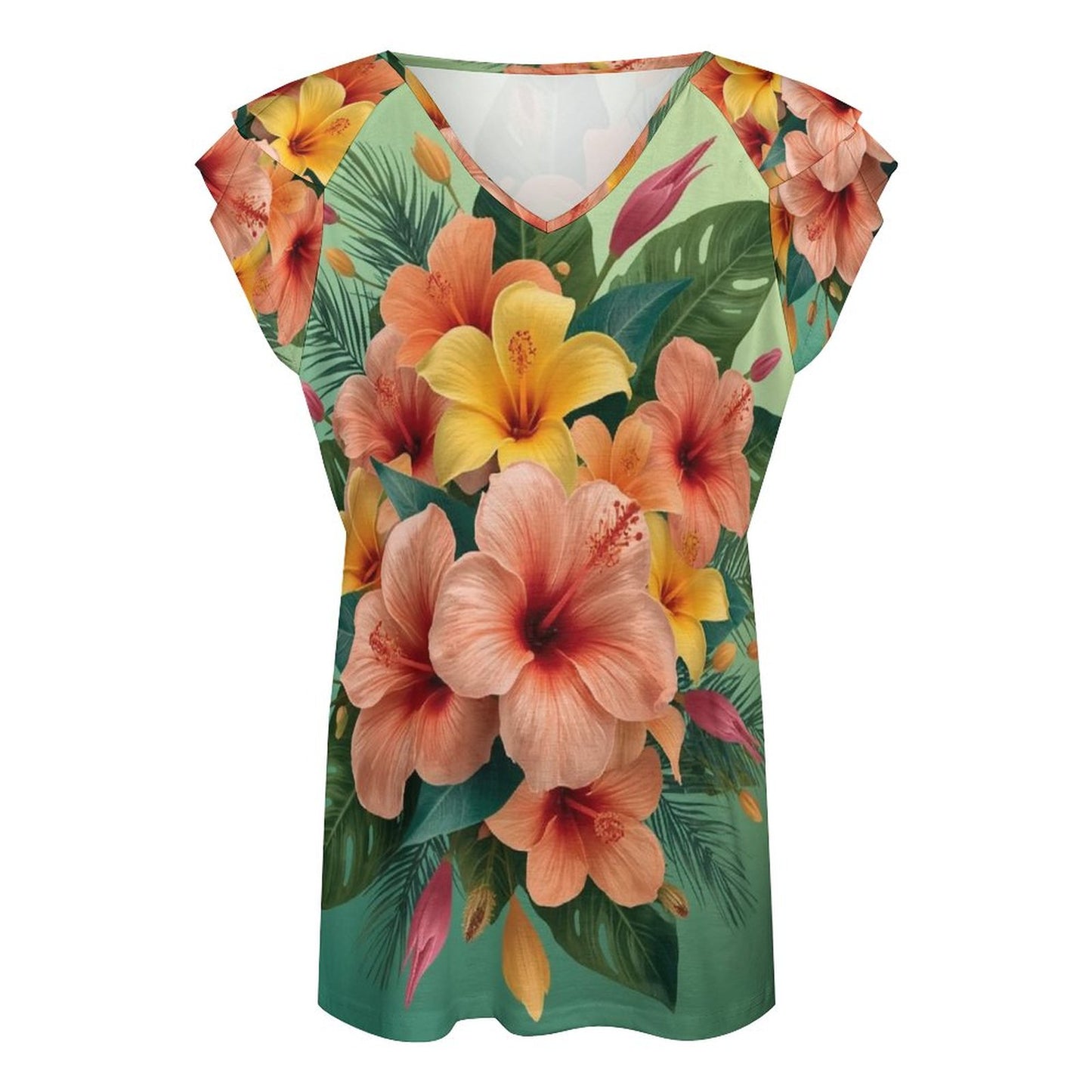 🌺 Camiseta con Volantes y Escote en V UPF50+ – “Explosión Tropical” (Impresión Completa)