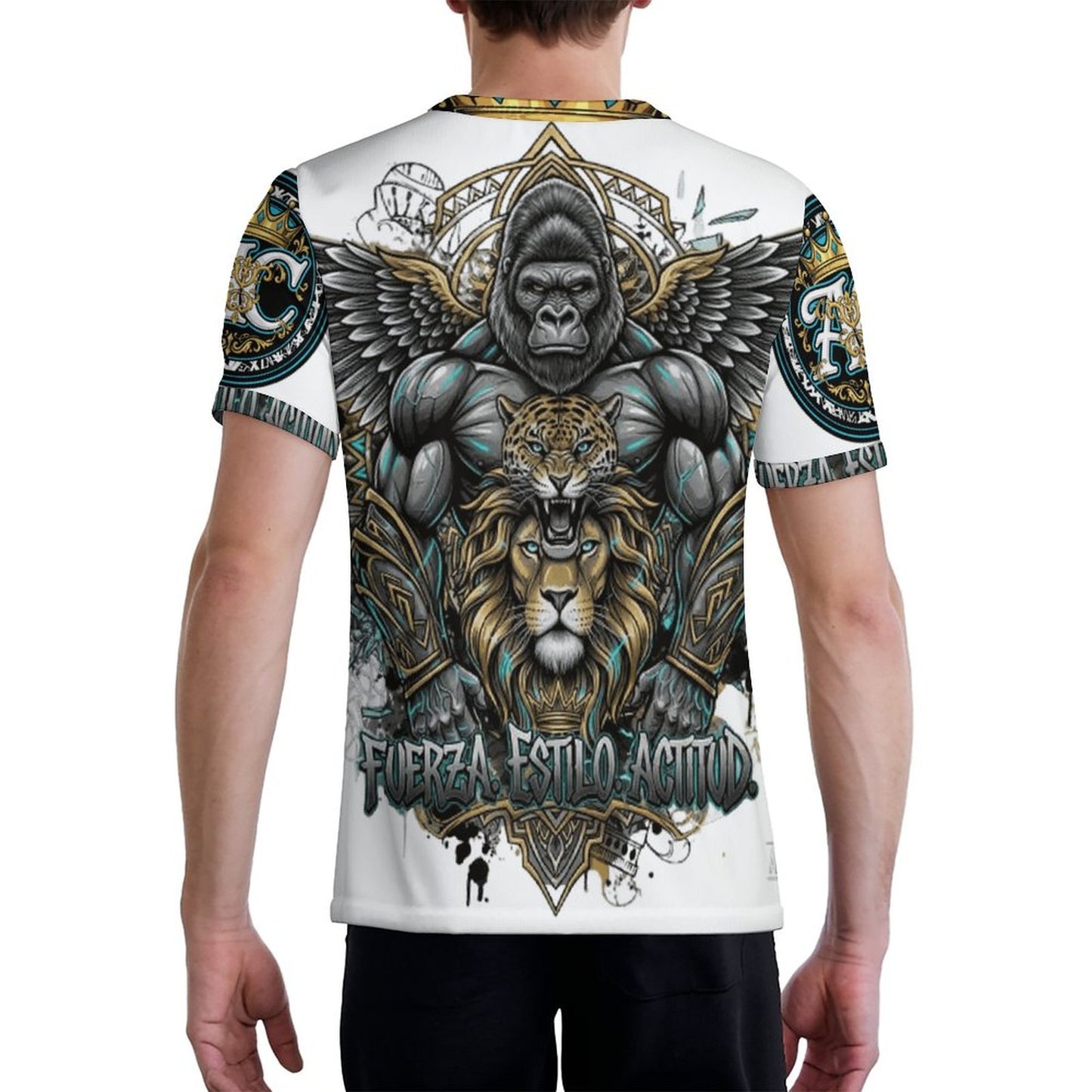 CAMISETA DE FÚTBOL PARA HOMBRE DE SEDA HELADA CON CUELLO REDONDO “ARIASCREATIVE – REYES DE LA CALLE” (IMPRESIÓN COMPLETA CON 4 ANIMALES DE PODER)