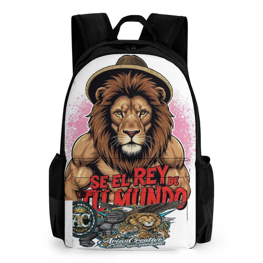 Mochila “Soy el Rey de tu Mundo” AriasCreative – León con Sombrero y 4 Animales de Poder (Estampado Completo) No sigas la moda, créala. Eres el rey de tu mundo – AriasCreative Streetwear.