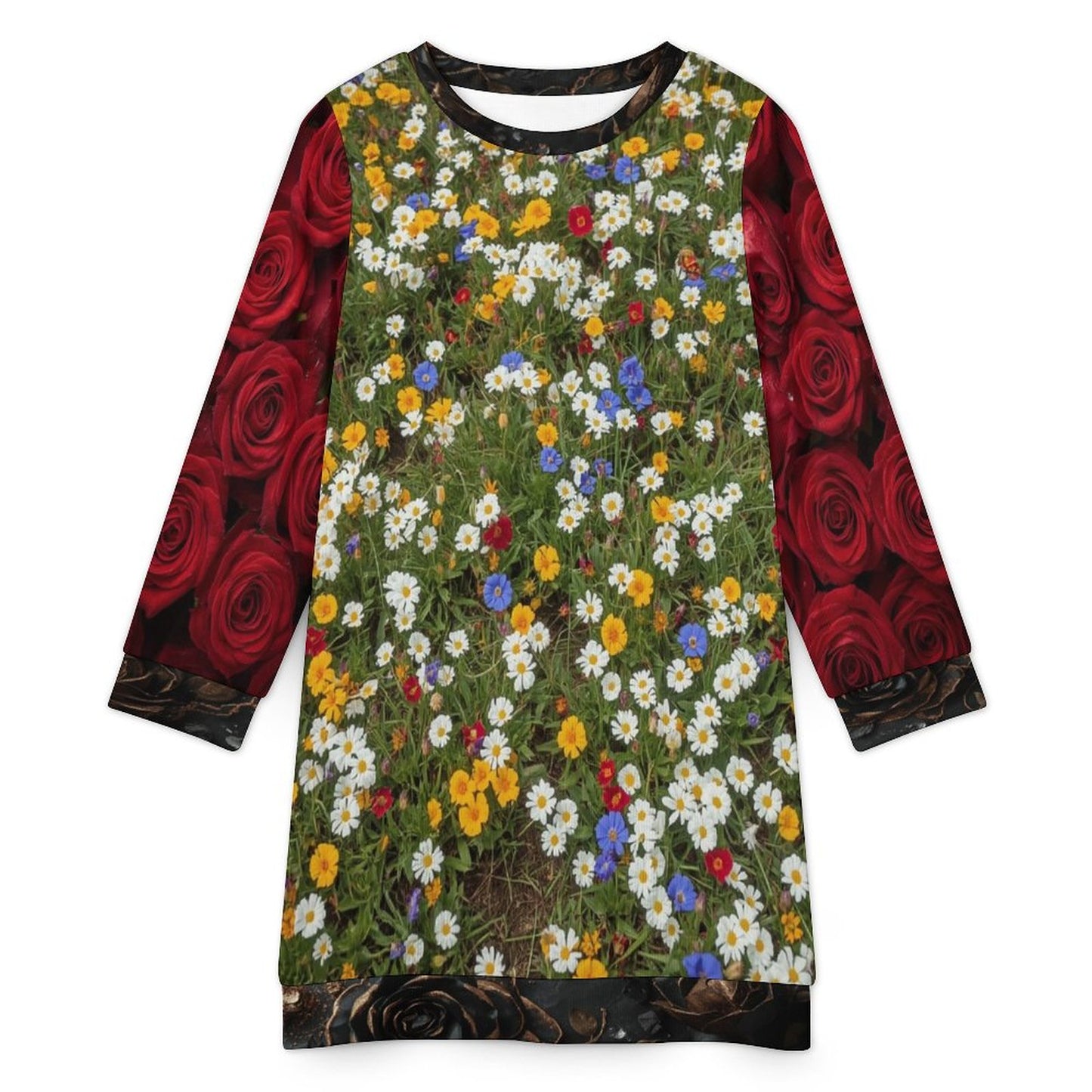 🌸 Vestido Suéter de Manga Larga para Mujer – “Campo Floral Arcoíris con Rosas en las Mangas” (Impresión Completa)