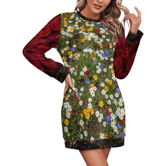 🌸 Vestido Suéter de Manga Larga para Mujer – “Campo Floral Arcoíris con Rosas en las Mangas” (Impresión Completa)