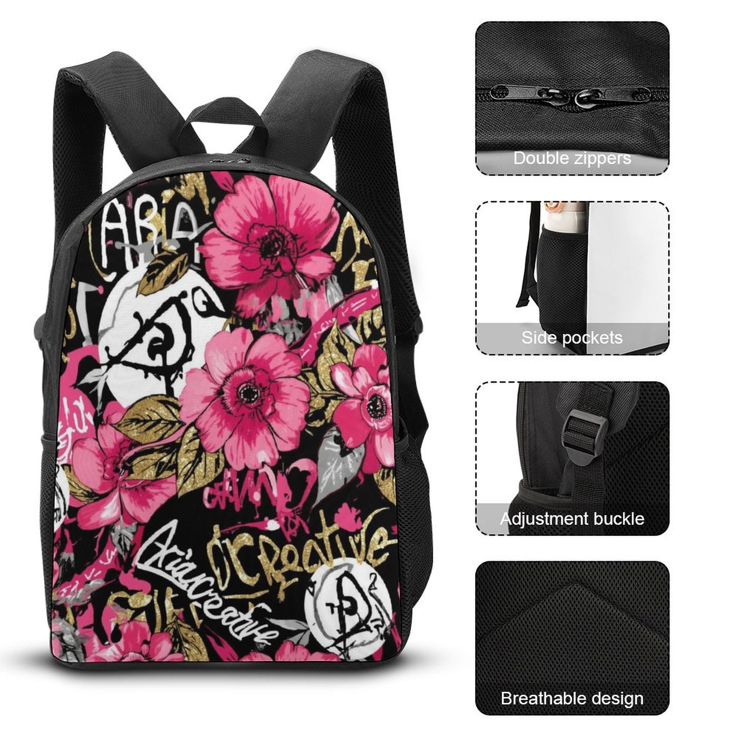 Set 3 en 1 AriasCreative Flores Rosas (Mochila + Bolsa de Almuerzo + Estuche)