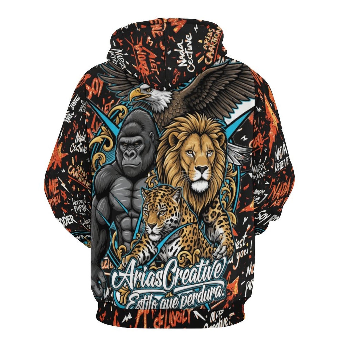 Sudadera Unisex “Soy Poder” AriasCreative (230gsm – Doble Capucha, Estampado Completo con 4 Animales de Poder)