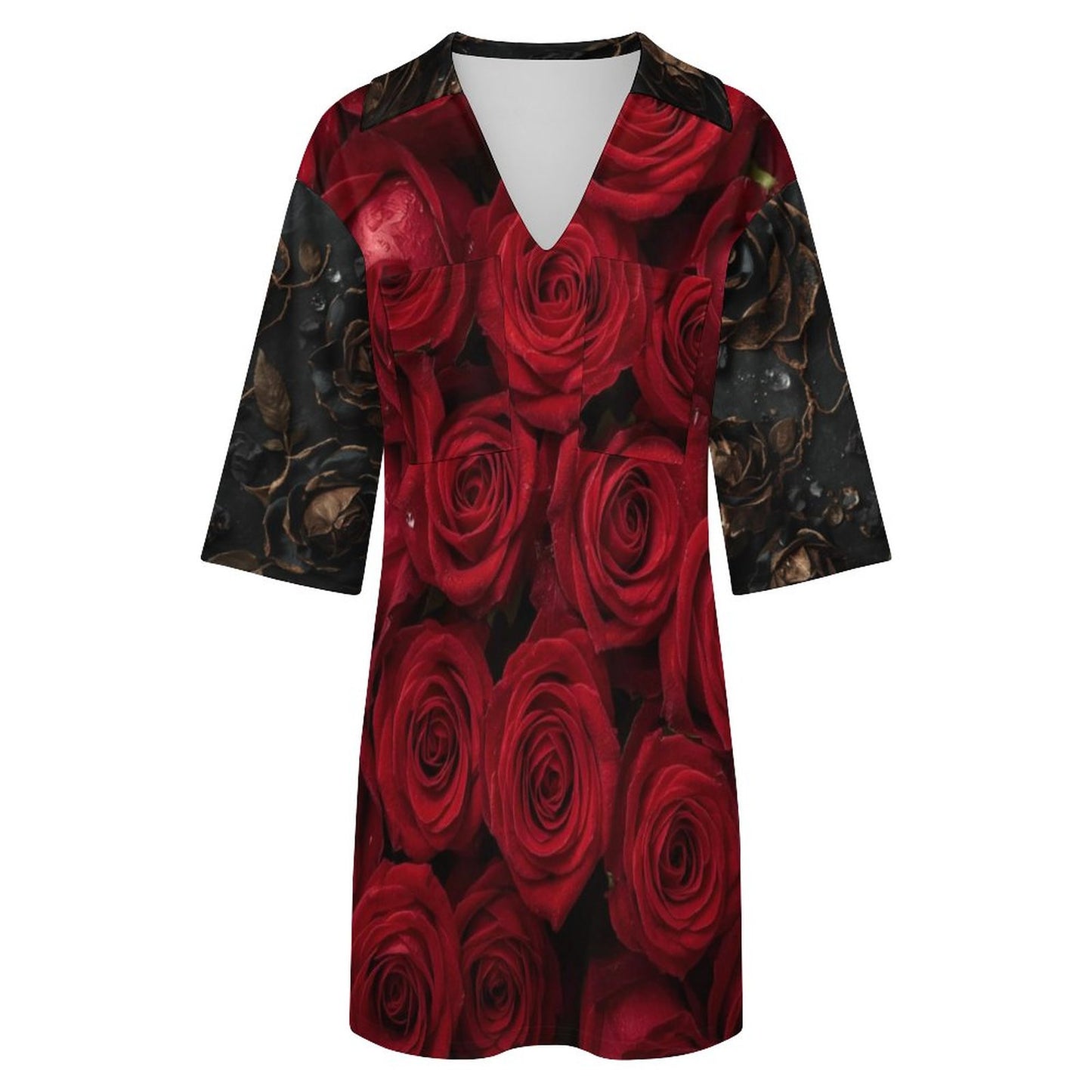 🌹 Vestido con Escote en V para Mujer – “Rosas Rojas y Negras” (Impresión Completa)