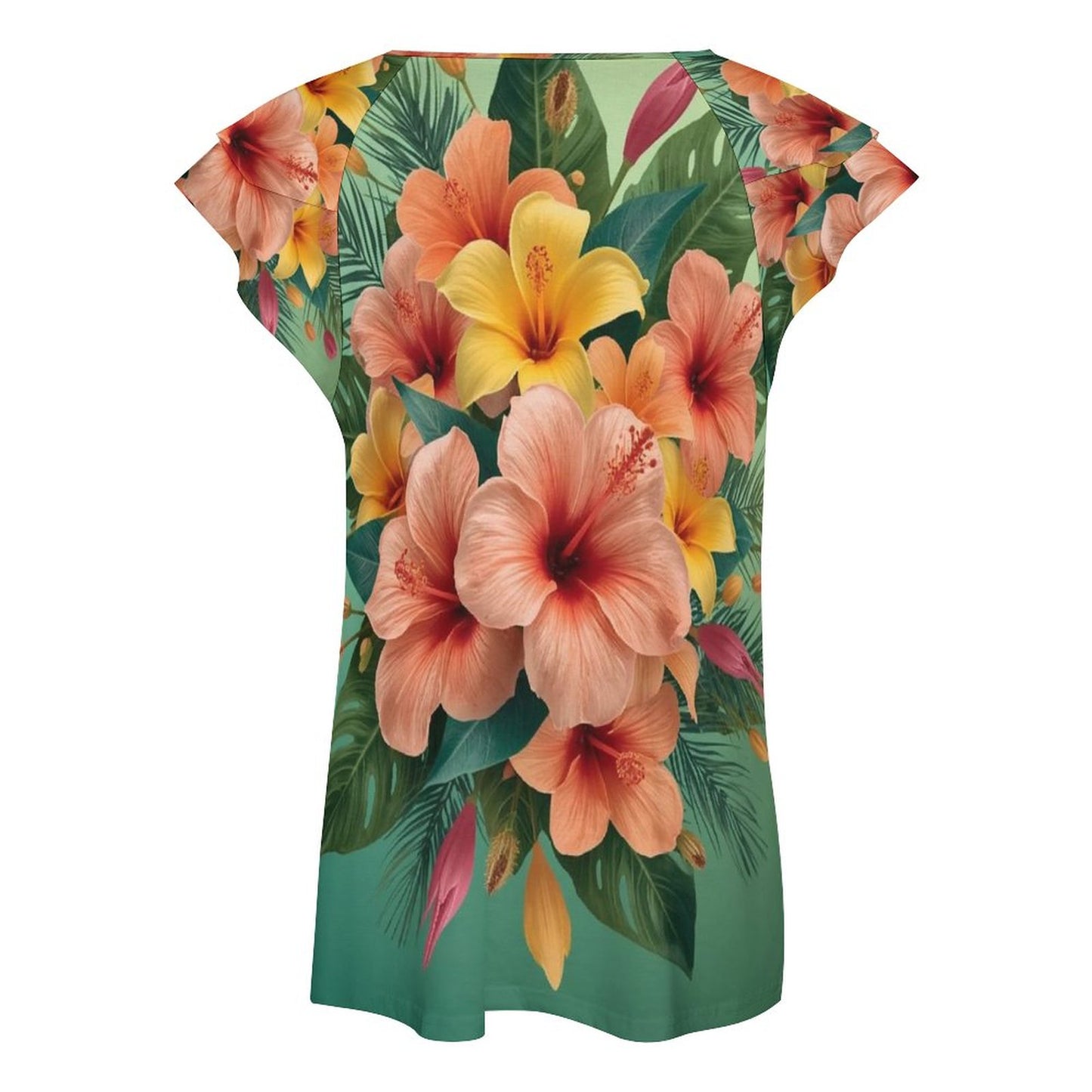 🌺 Camiseta con Volantes y Escote en V UPF50+ – “Explosión Tropical” (Impresión Completa)