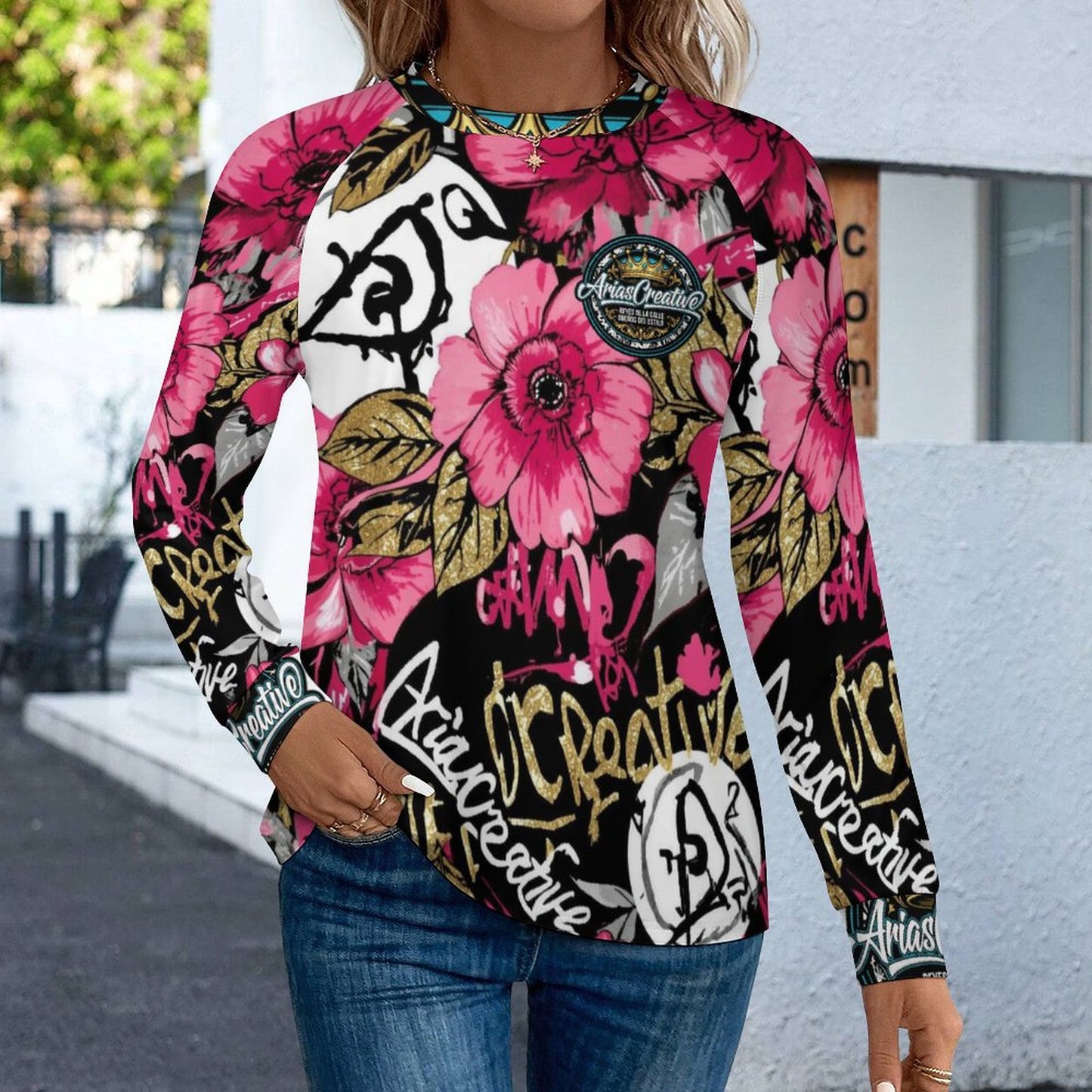 Camiseta de Manga Larga Rápido Secado para Mujer “AriasCreative Flores” (Estampado Completo – 180gsm)