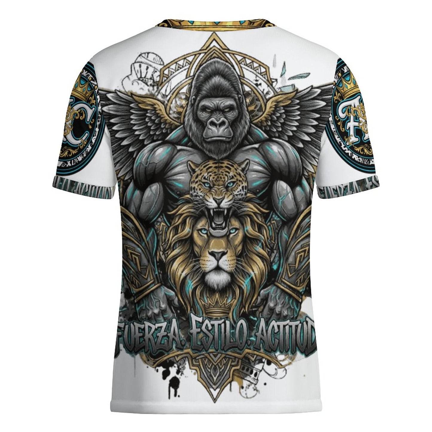 CAMISETA DE FÚTBOL PARA HOMBRE DE SEDA HELADA CON CUELLO REDONDO “ARIASCREATIVE – REYES DE LA CALLE” (IMPRESIÓN COMPLETA CON 4 ANIMALES DE PODER)