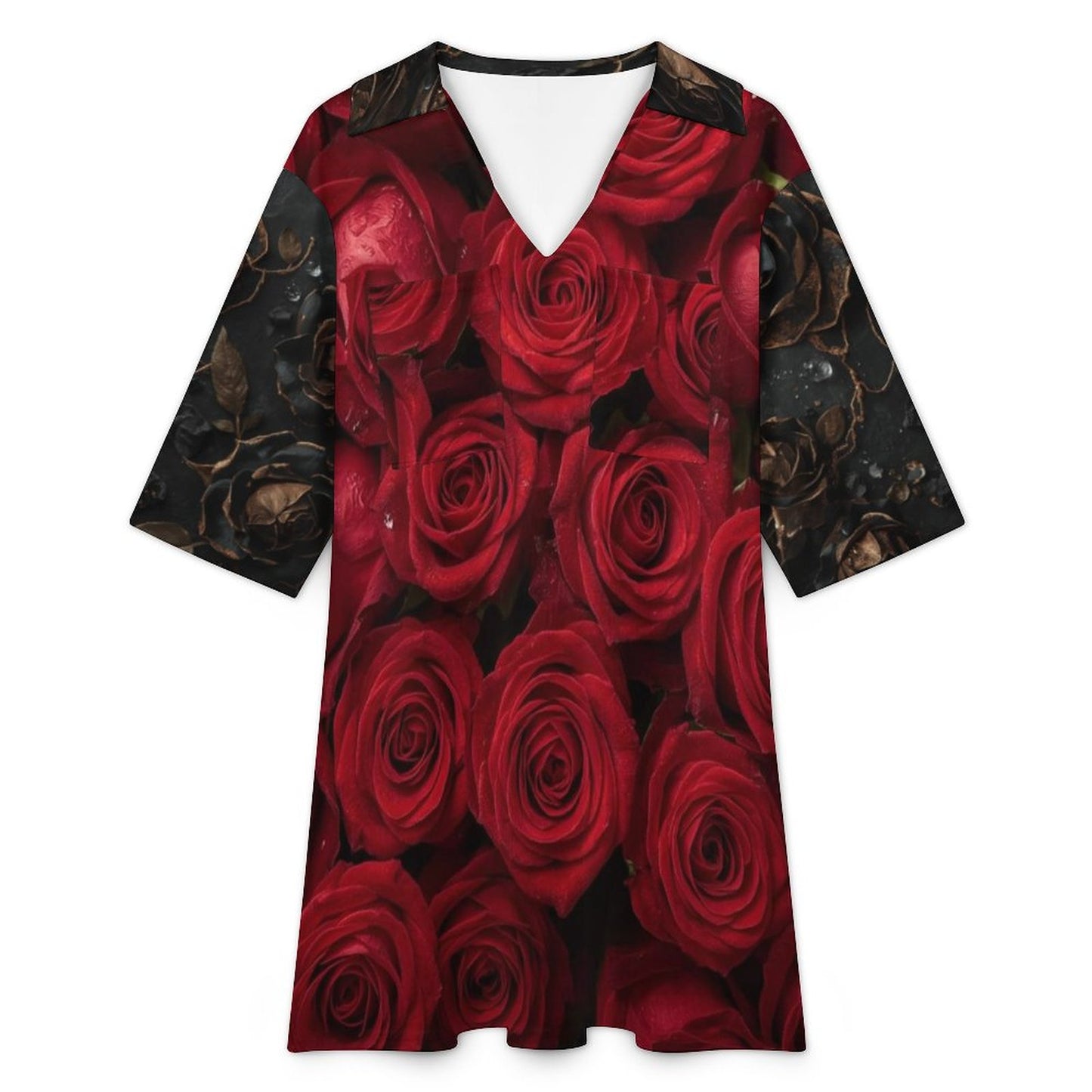 🌹 Vestido con Escote en V para Mujer – “Rosas Rojas y Negras” (Impresión Completa)