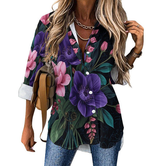 🌸 Camisa de Bajo Asimétrico B648 – “Flores Psicodélicas Futuristas” (Impresión Completa)