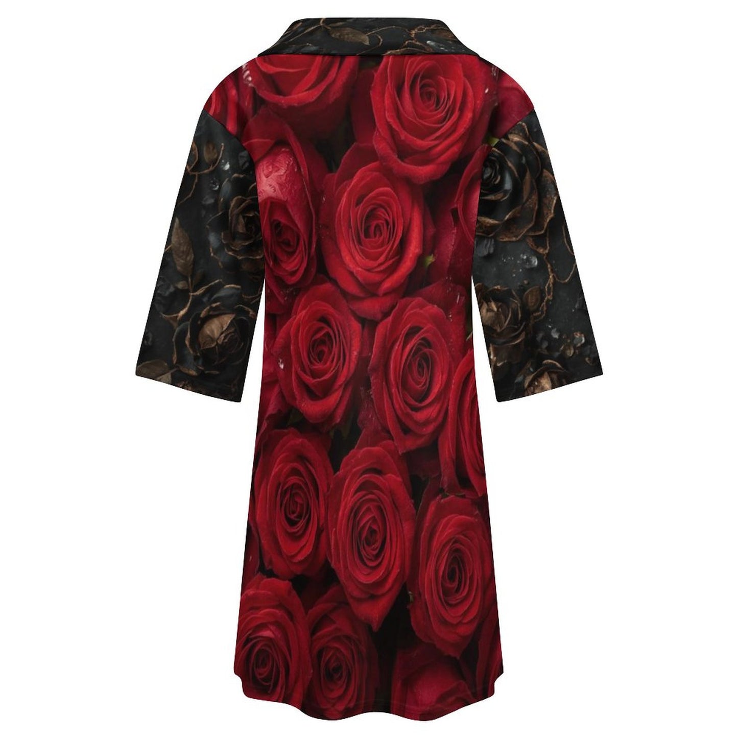 🌹 Vestido con Escote en V para Mujer – “Rosas Rojas y Negras” (Impresión Completa)