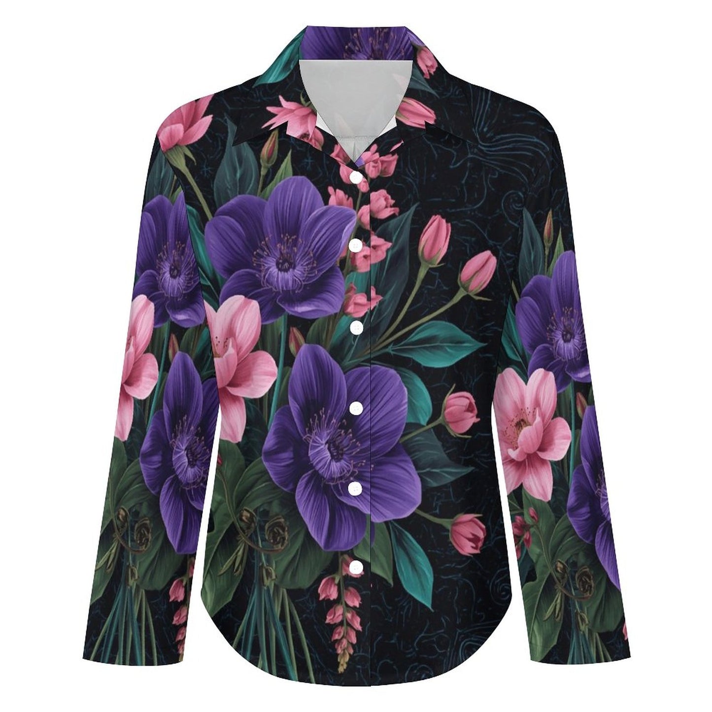 🌸 Camisa de Bajo Asimétrico B648 – “Flores Psicodélicas Futuristas” (Impresión Completa)
