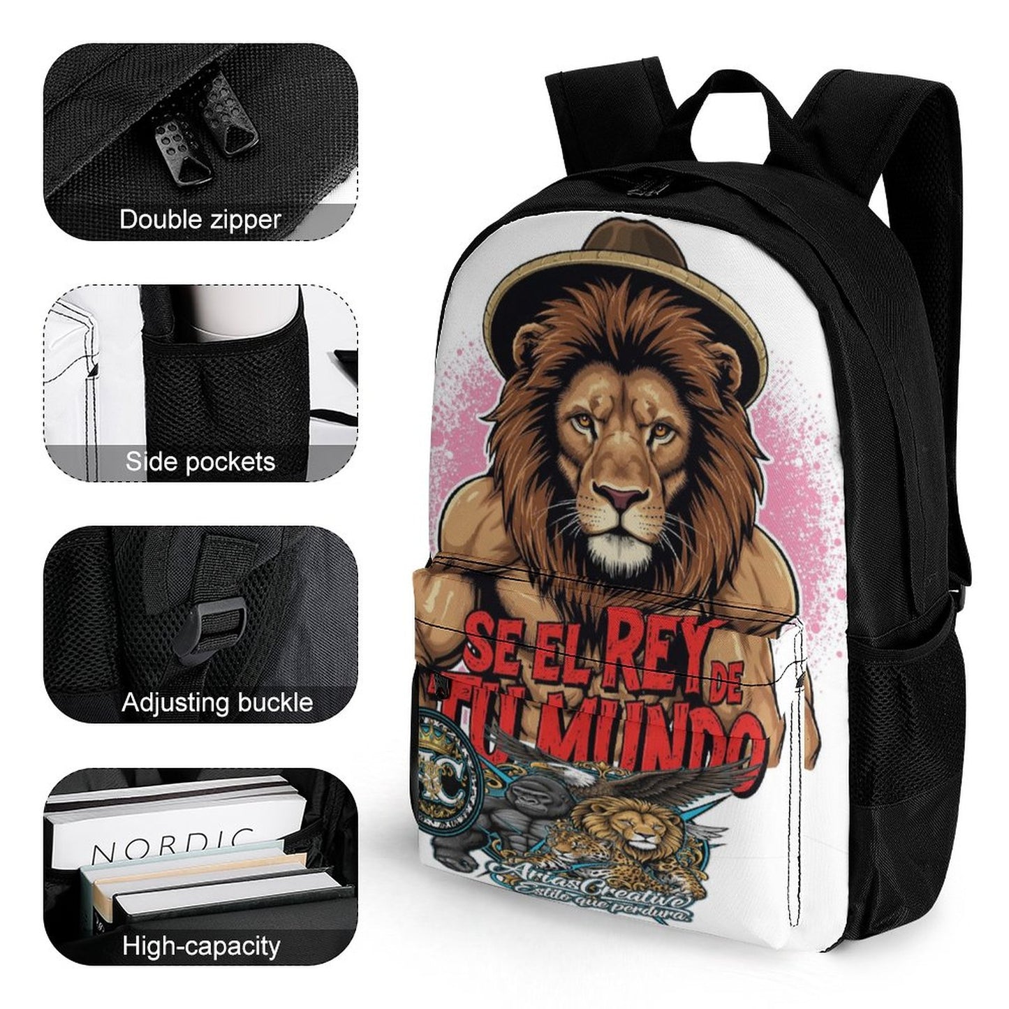 Mochila “Soy el Rey de tu Mundo” AriasCreative – León con Sombrero y 4 Animales de Poder (Estampado Completo) No sigas la moda, créala. Eres el rey de tu mundo – AriasCreative Streetwear.
