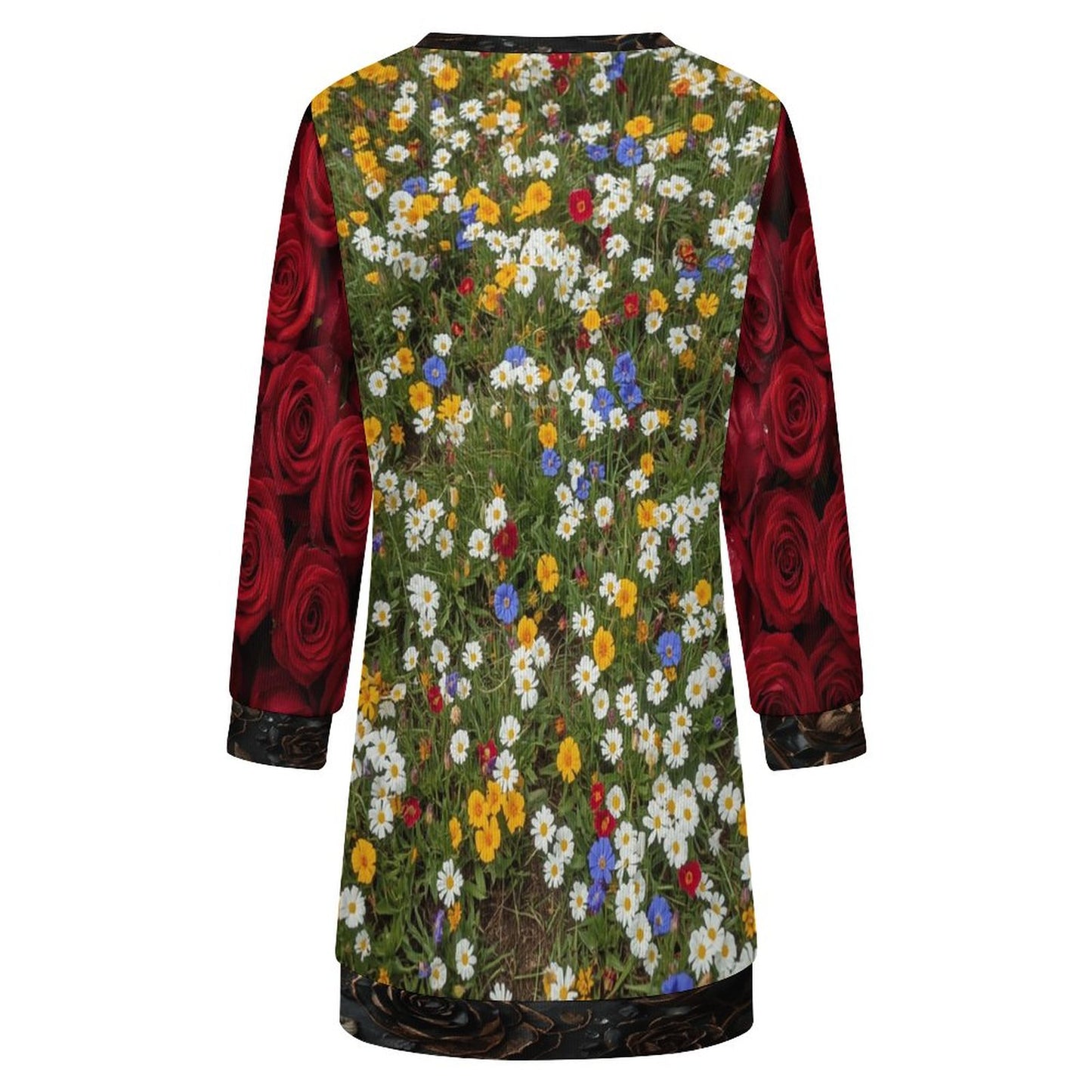 🌸 Vestido Suéter de Manga Larga para Mujer – “Campo Floral Arcoíris con Rosas en las Mangas” (Impresión Completa)