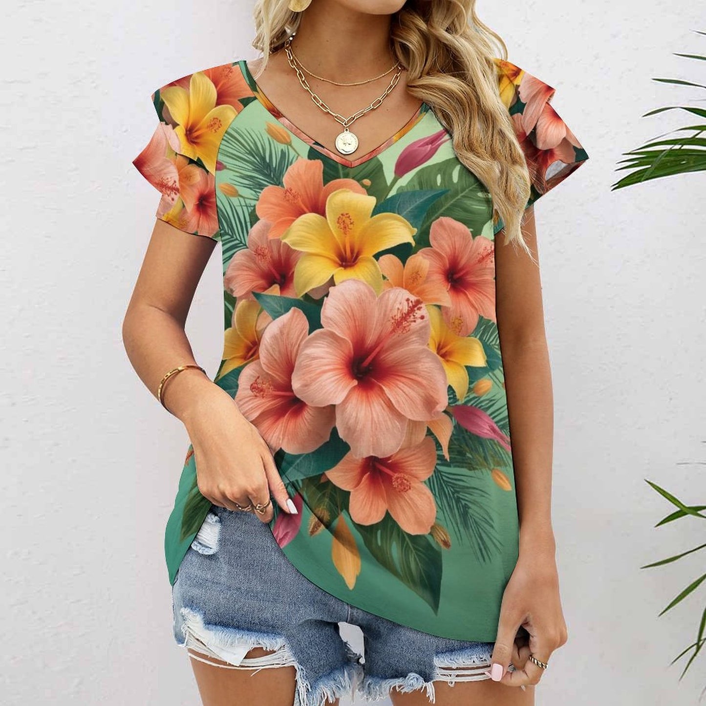 🌺 Camiseta con Volantes y Escote en V UPF50+ – “Explosión Tropical” (Impresión Completa)