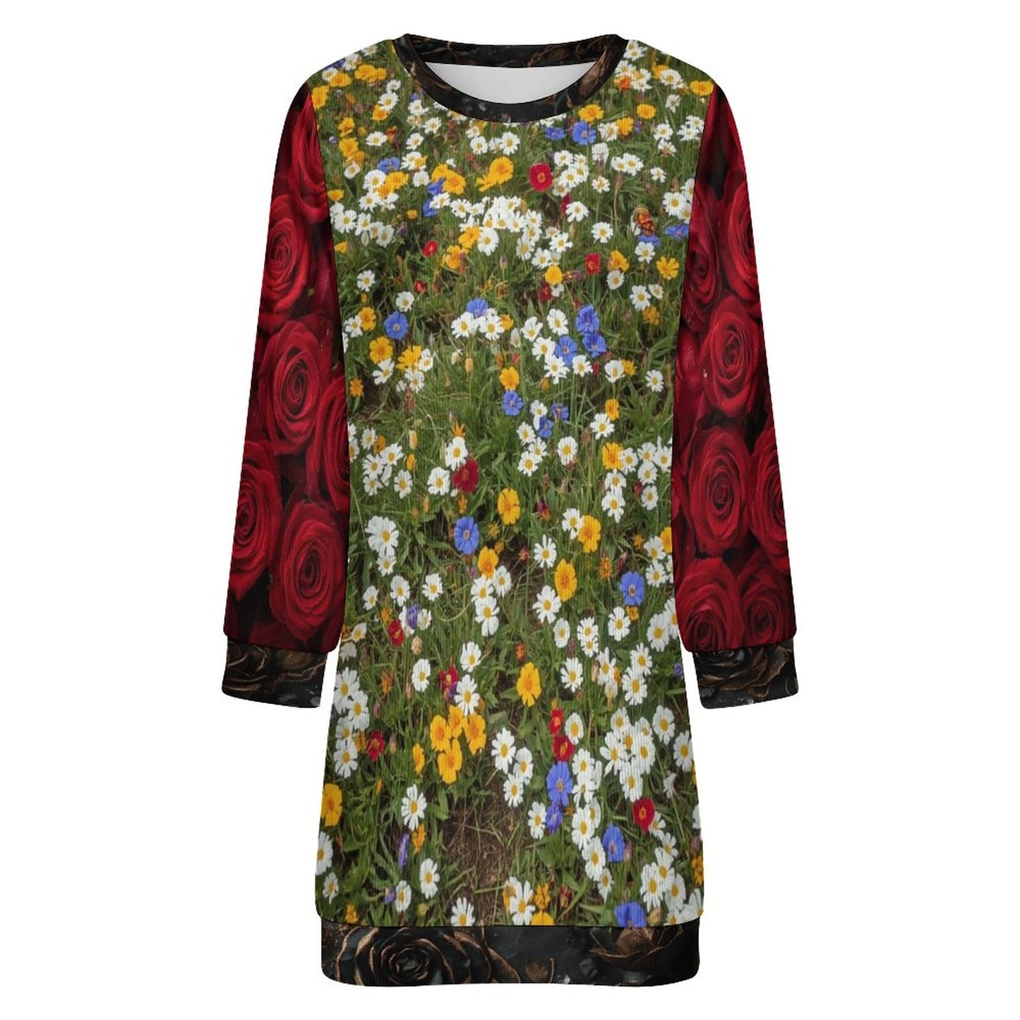 🌸 Vestido Suéter de Manga Larga para Mujer – “Campo Floral Arcoíris con Rosas en las Mangas” (Impresión Completa)