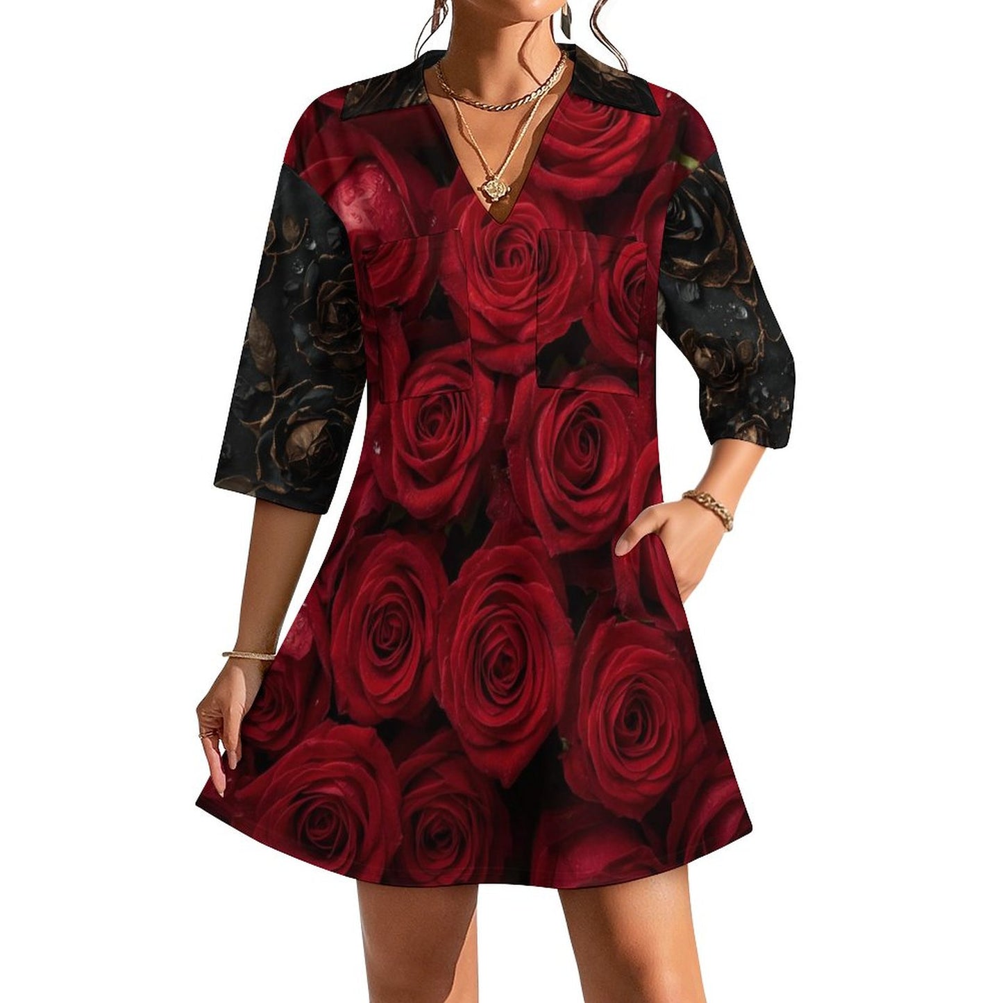 🌹 Vestido con Escote en V para Mujer – “Rosas Rojas y Negras” (Impresión Completa)