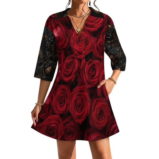 🌹 Vestido con Escote en V para Mujer – “Rosas Rojas y Negras” (Impresión Completa)